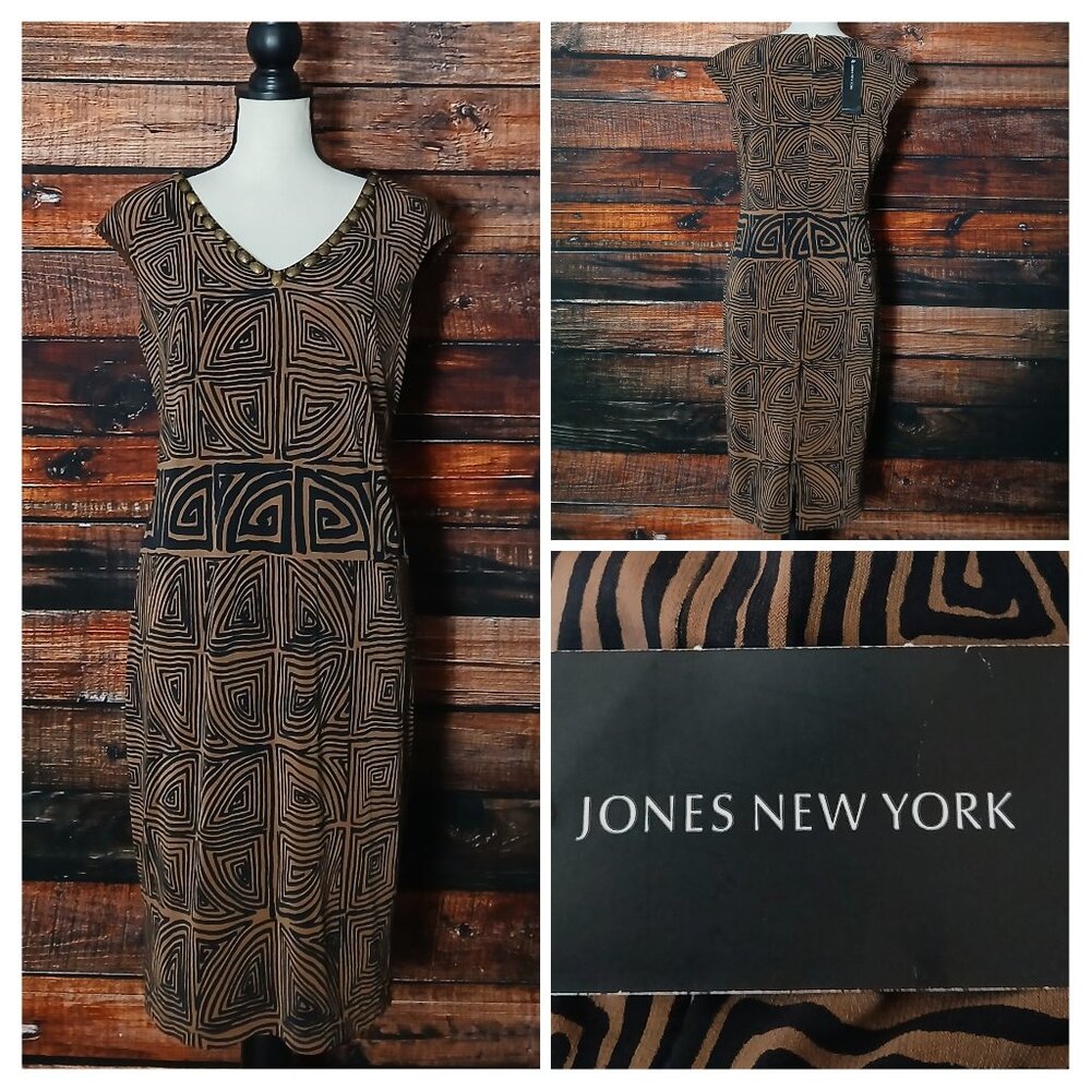NWT Jones New York Sheath Dress 6 Tribal Beaded Brown Black Zip Back Lined
